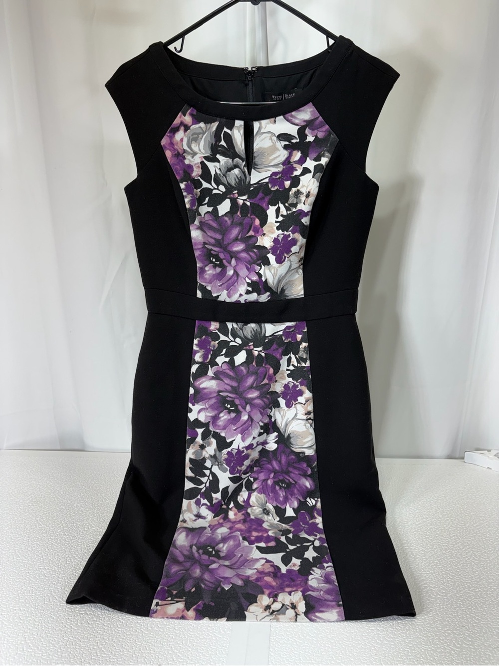 White House Black Market Black Dress with Purple Floral Panels 4191